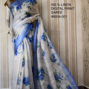 White Blue Digital Printed Pure Handloom Linen Saree